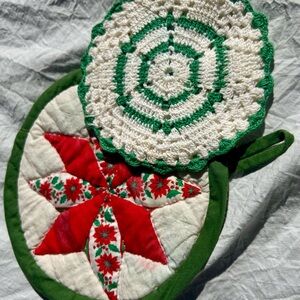 Vintage Red and Green Crochet and Quilted Pot Holders